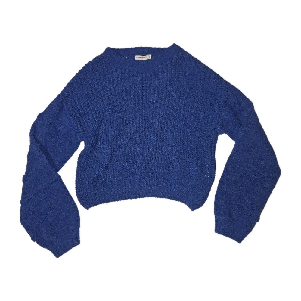 MOON & MADISON Chenile Sweater Womens S Chunky Knit Blue Balloon Sleeve Soft